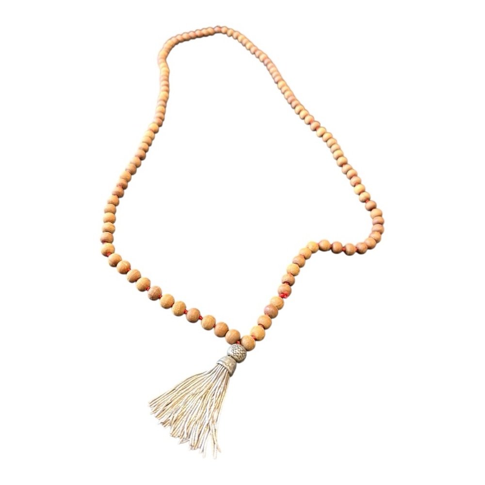 Wood Beaded Necklace Silver Tone Tassel Pendant 16” Drop Boho Mala Style